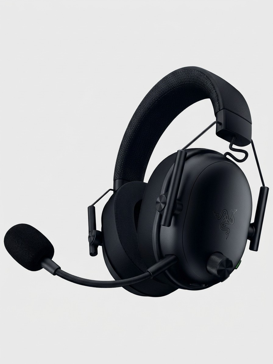 A Razer BlackShark V3 wireless gaming headset on a grey background A Razer BlackShark V3 wireless gaming headset on a grey background