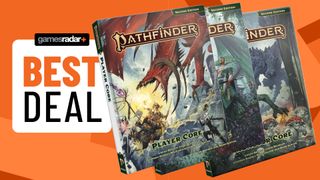 Pathfinder remastered core rulebooks beside a &#039;best deal badge,&#039; all against an orange background