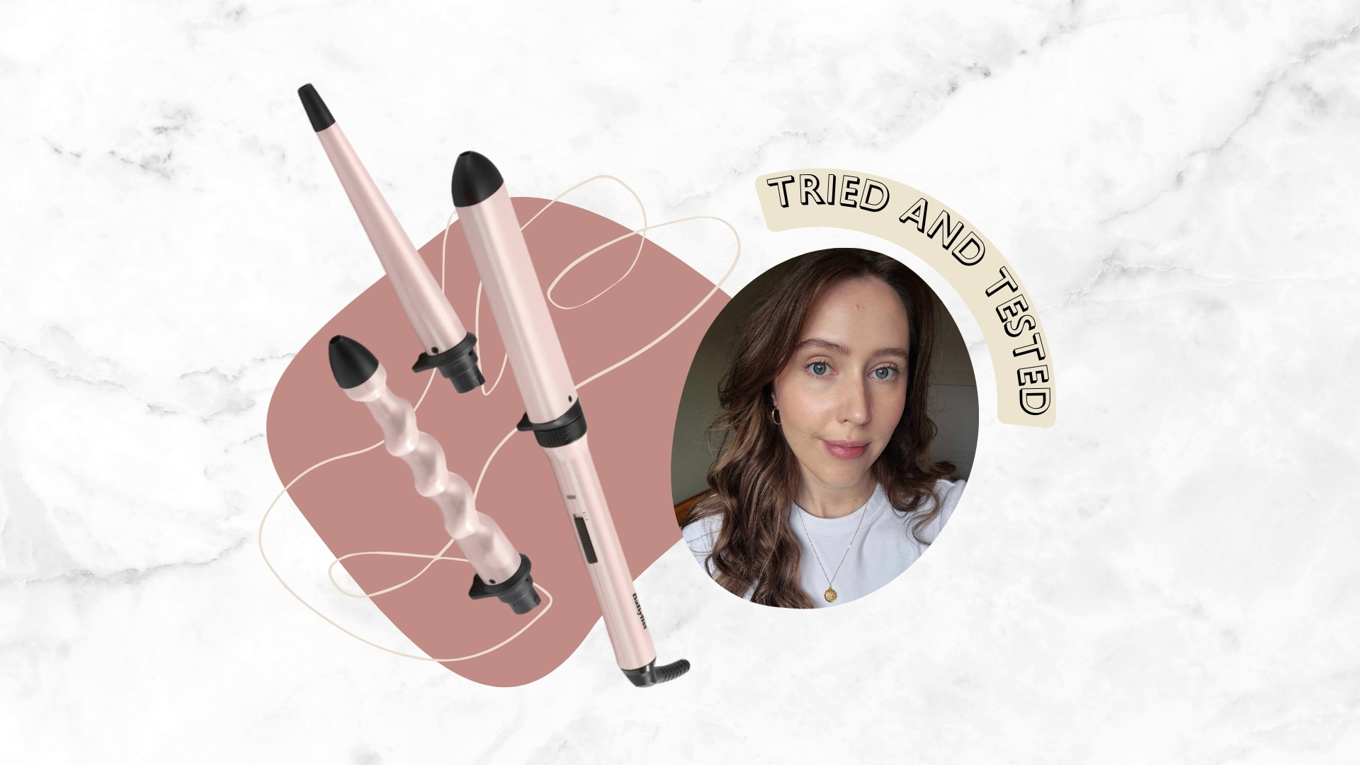 A product shot of the BaByliss Curl and Wave Trio with it&#039;s three attachments, alongside a picture of Digital Beauty Writer, Naomi Jamieson who can be seen with curly hair, having used the Babyliss tool/ in a white and grey marbled template with a pink dot behind the tool and &#039;Tried and Tested&#039;