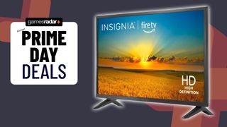 Insignia F20 TV next to Prime Day deals GamesRadar+ badge with word &#039;almost&#039; sitting above and grey backdrop