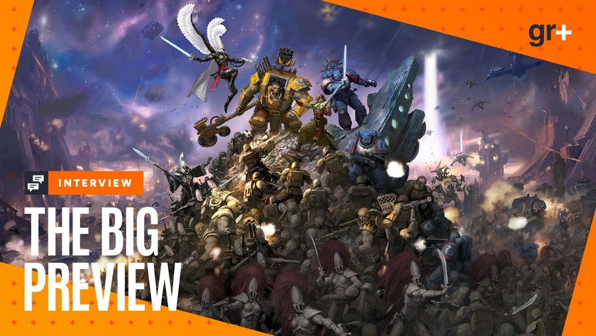 Artwork of Total War: Warhammer 40,000 showing a Space Marine, Orc, and Aeldar fighting on top of a mound of corpses