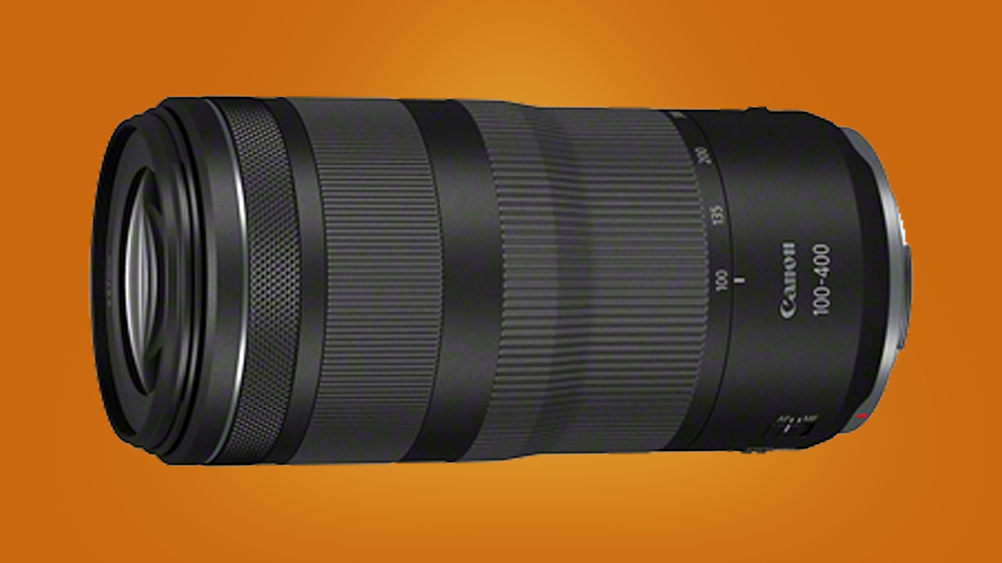 The RF 100-400mm F5.6-8 IS USM on an orange background
