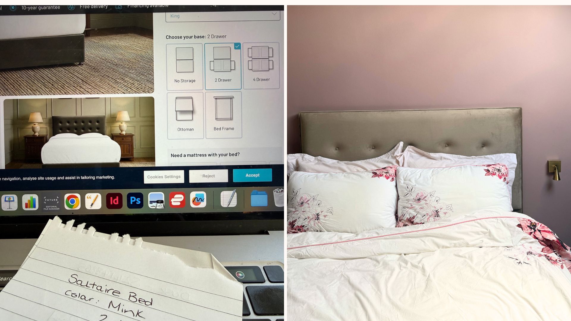 Split image showing the online stage of designing my Simba bed frame then it in place in my pink bedroom