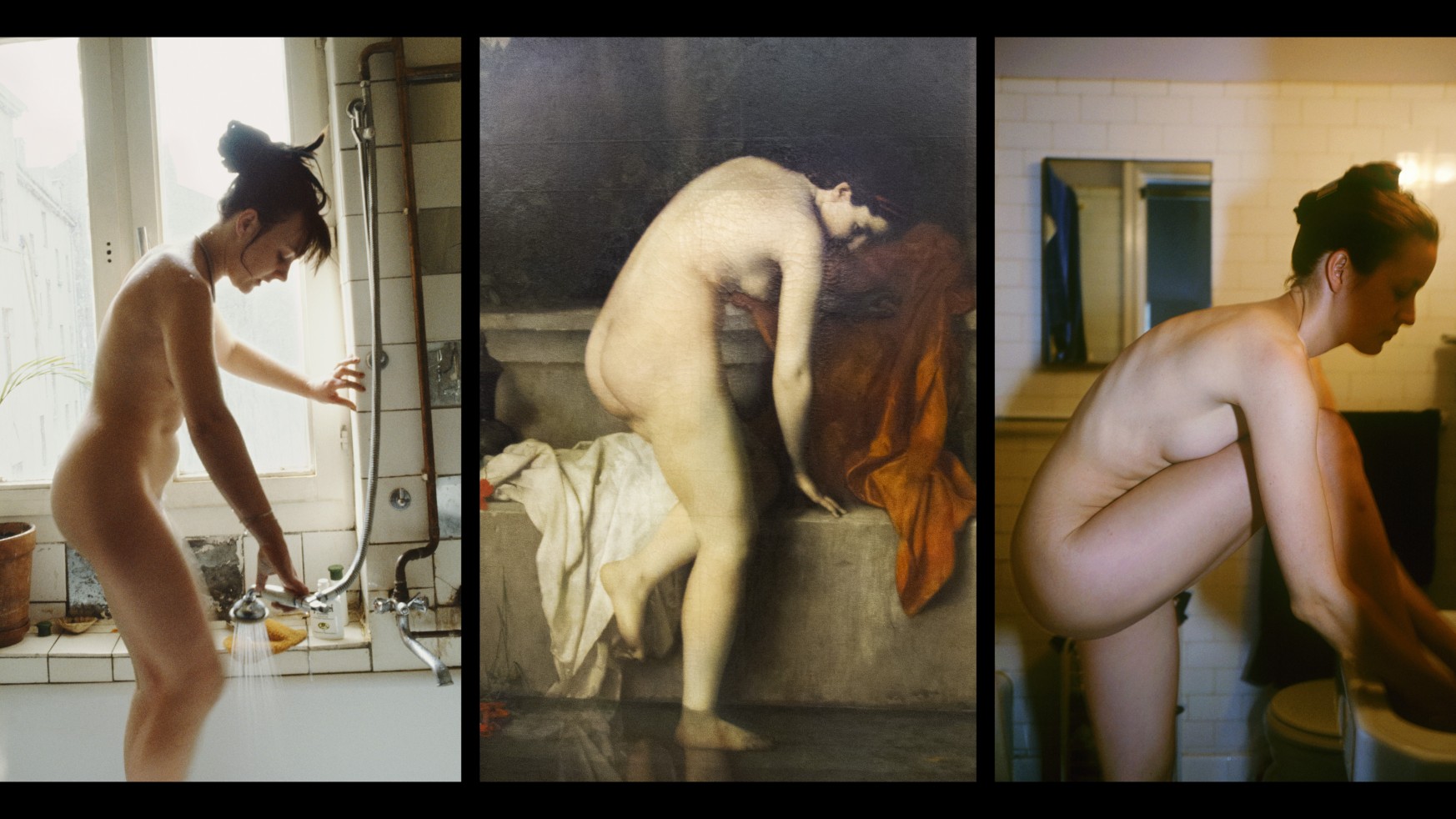 Triptych showing a nude figure bathing in two contemporary photographs flanking a classical painting of a crouched bather