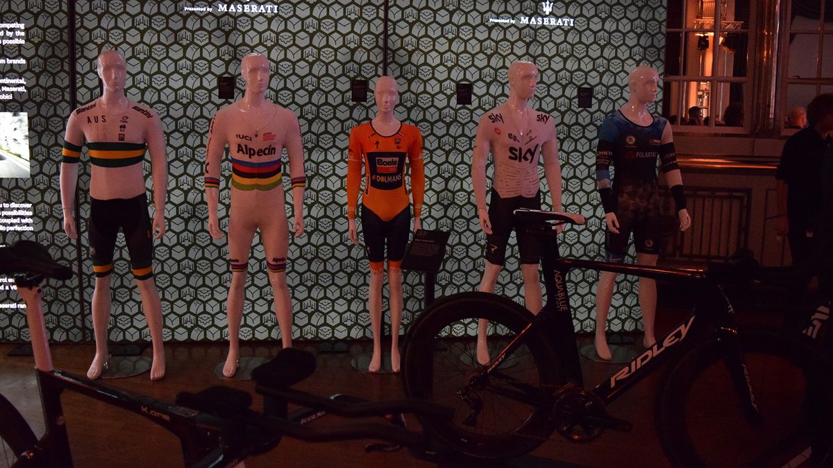 Alongside an array of time trial bikes were some famous time trial skinsuits