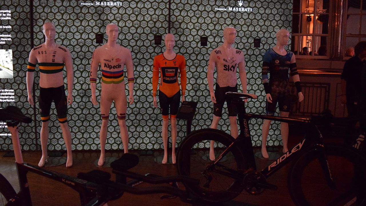Alongside an array of time trial bikes were some famous time trial skinsuits