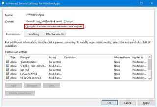 Windows 10 replace owner on subcontainers and objects option