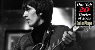 George Harrison of English rock and pop group The Beatles plays his 1963 Rickenbacker 360/12 guitar on stage during rehearsals for the ABC Television music television show 'Thank Your Lucky Stars' Summer Spin at Teddington Studios in London on 11th July 1964. The band would go on to play four songs on the show, A Hard Day's Night, Long Tall Sally, Things We Said Today and You Can't Do That. 