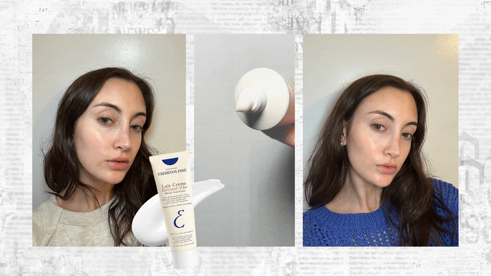 Pictures of Alyssa Brascia before and after using the Embryolisse Lait-Crème Rétinol-Like Cream, plus a video of her applying it.