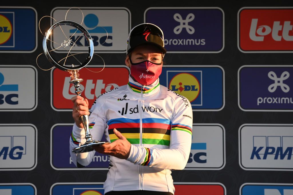 Dutch Anna van der Breggen of Team SD Worx celebrates on the podium after winning the womens elite race of the Omloop Het Nieuwsblad oneday cycling race 124km from Gent to Ninove Saturday 27 February 2021 BELGA PHOTO DAVID STOCKMAN Photo by DAVID STOCKMANBELGA MAGAFP via Getty Images