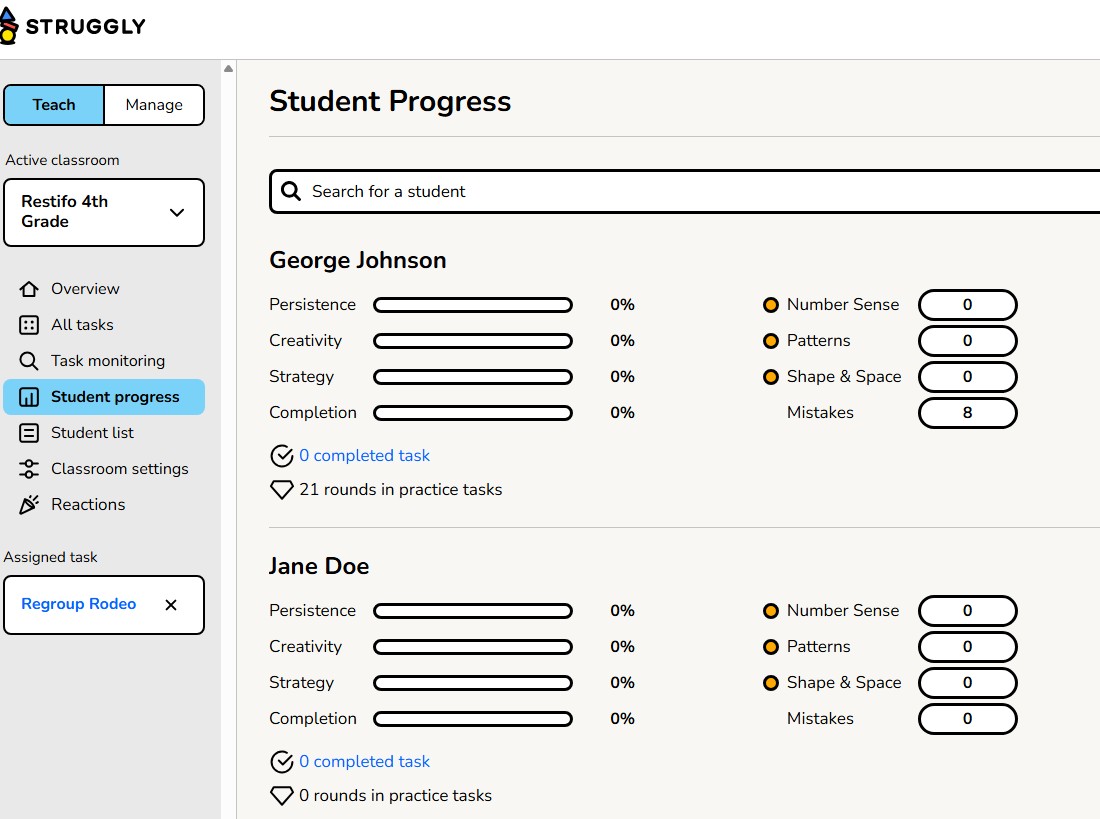 Struggly student progress dashboard