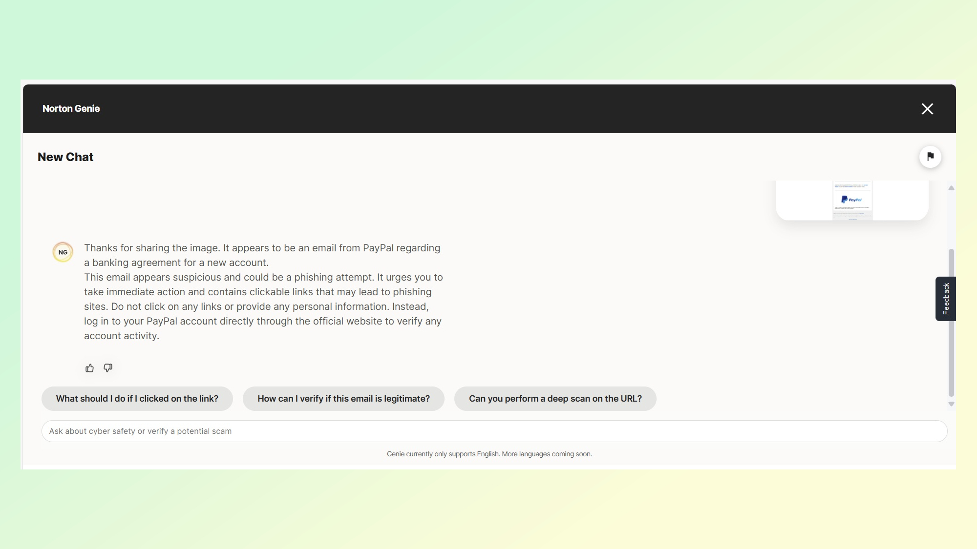 A screenshot showing Norton Genie explaining that a message claiming to be from PayPal is actually a scam