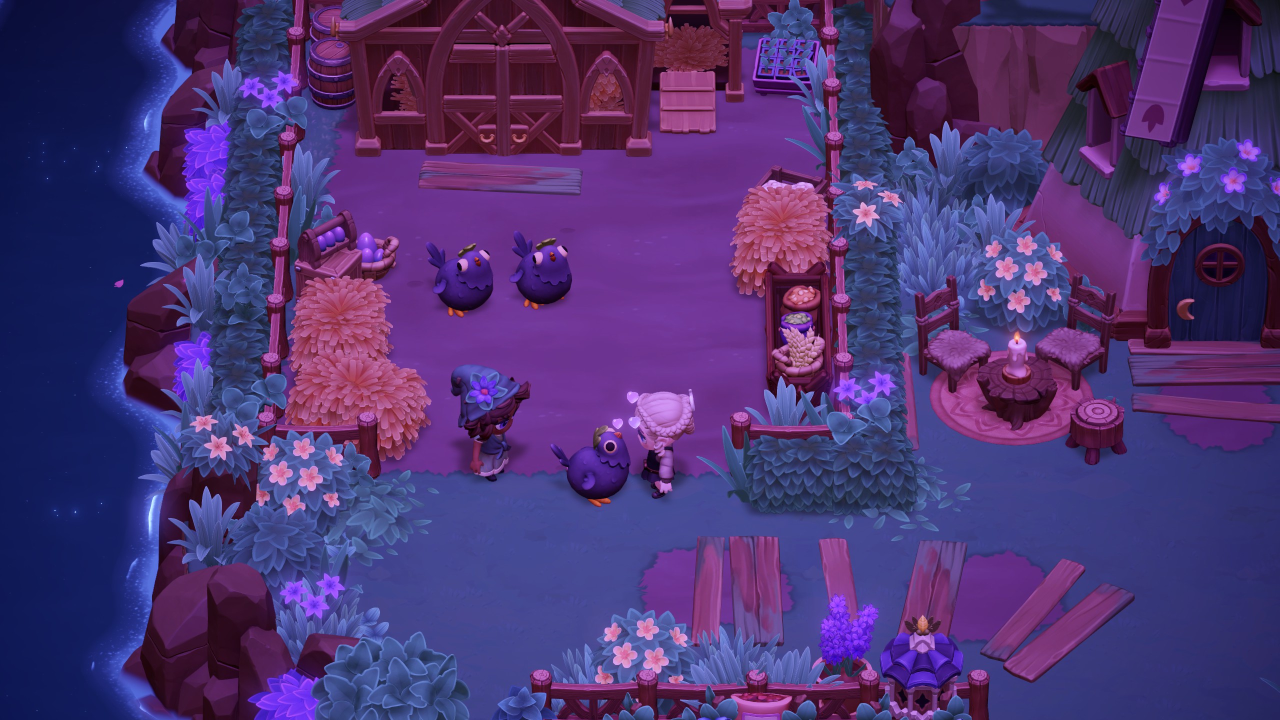 Moonlight Peaks - The player pets a magical chicken on Luna's farm