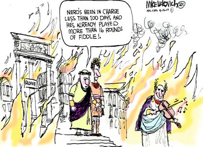Political Cartoon U.S. Nero fiddles Rome burns ignore problems