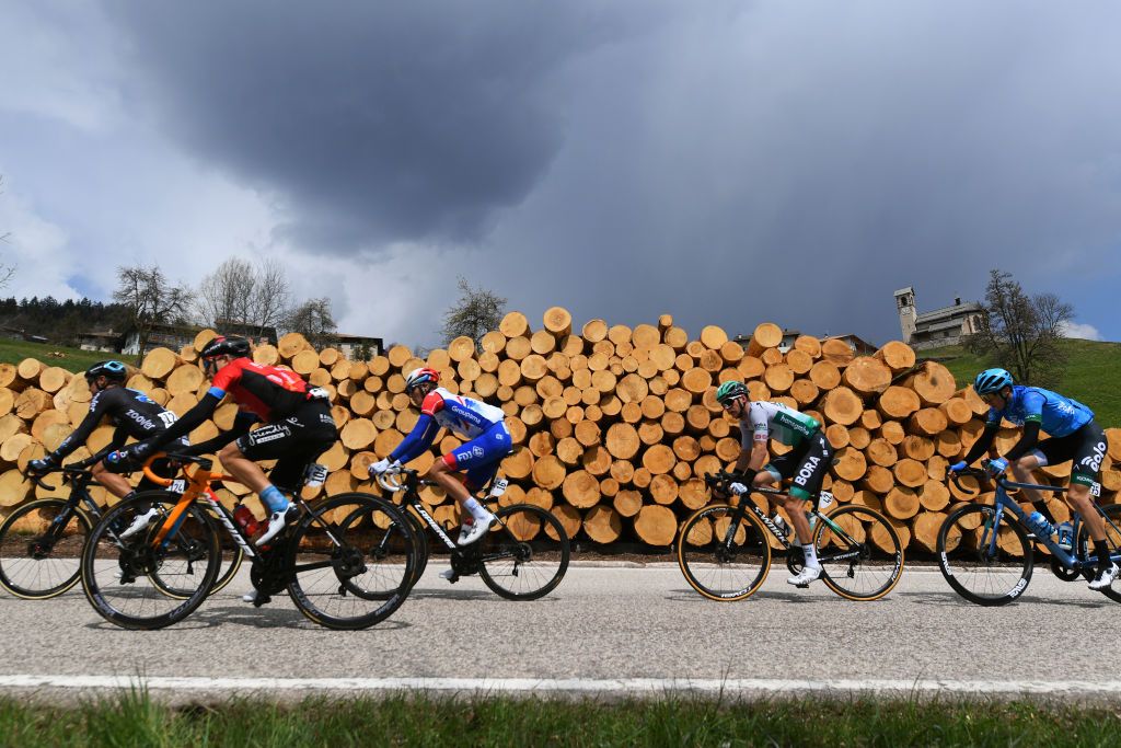 PIEVEDIBONO ITALY APRIL 22 Nicholas Roche of Ireland and Team DSM Hermann Pernsteiner of Austria and Team Bahrain Victorious Attila Valter of Hungary and Team Groupama FDJ Felix Groschartner of Austria and Team Bora Hansgrohe Marton Dina of Hungary and EoloKometa Cycling Team on breakaway during the 44th Tour of the Alps 2021 Stage 4 a 1686 to stage from Naturns to Valle del Chiese Pieve di Bono TourofTheAlps TouroftheAlps on April 22 2021 in Pieve di Bono Italy Photo by Tim de WaeleGetty Images