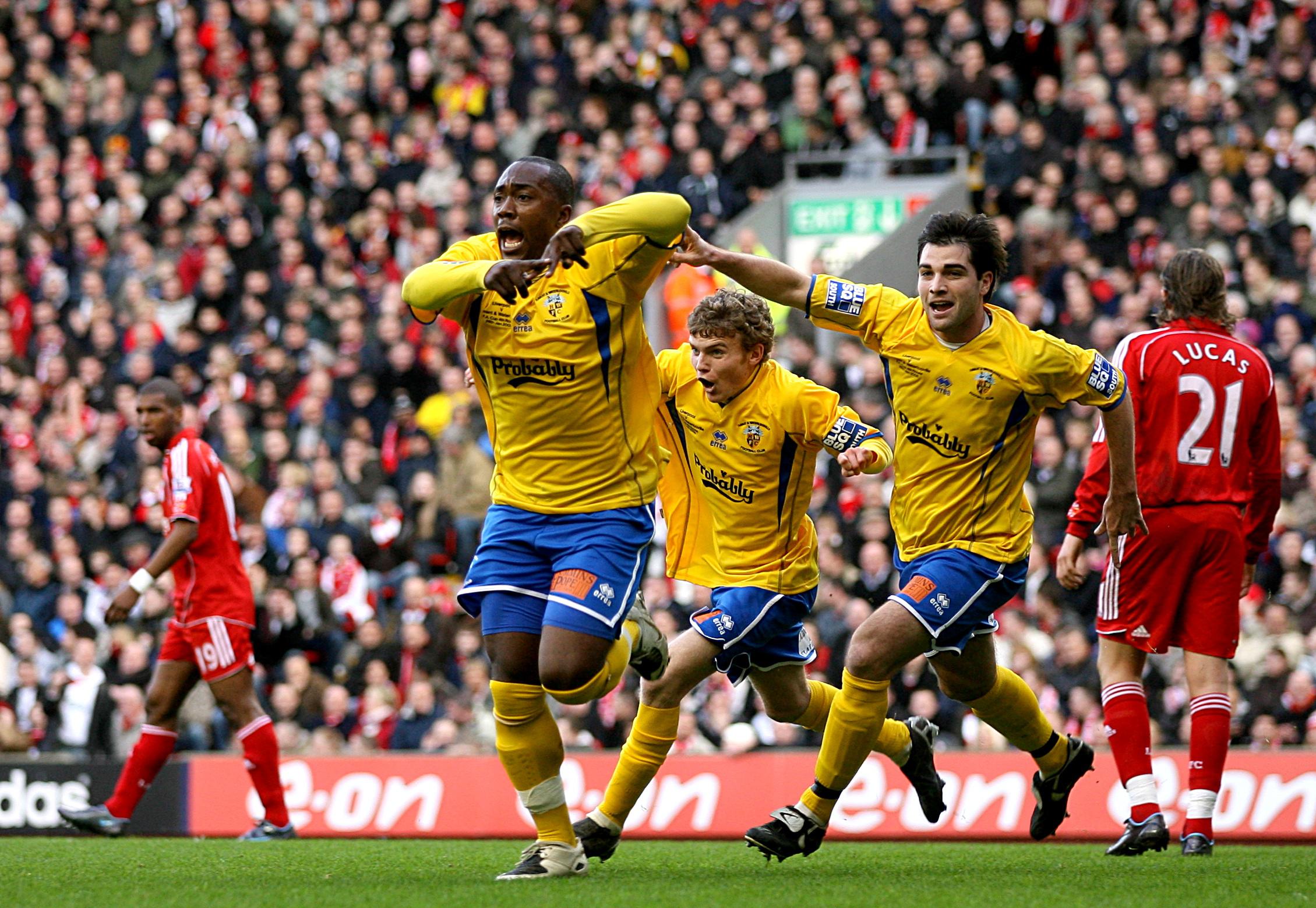 Richard Pacquette celebrates after scoring for Havant & Waterlooville against Liverpool in 2008