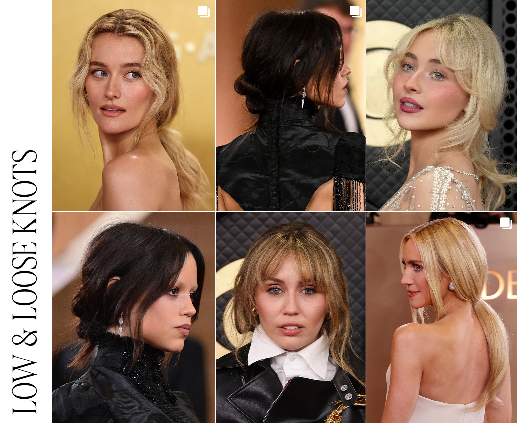 Collage of low and loose knots on the red carpet.