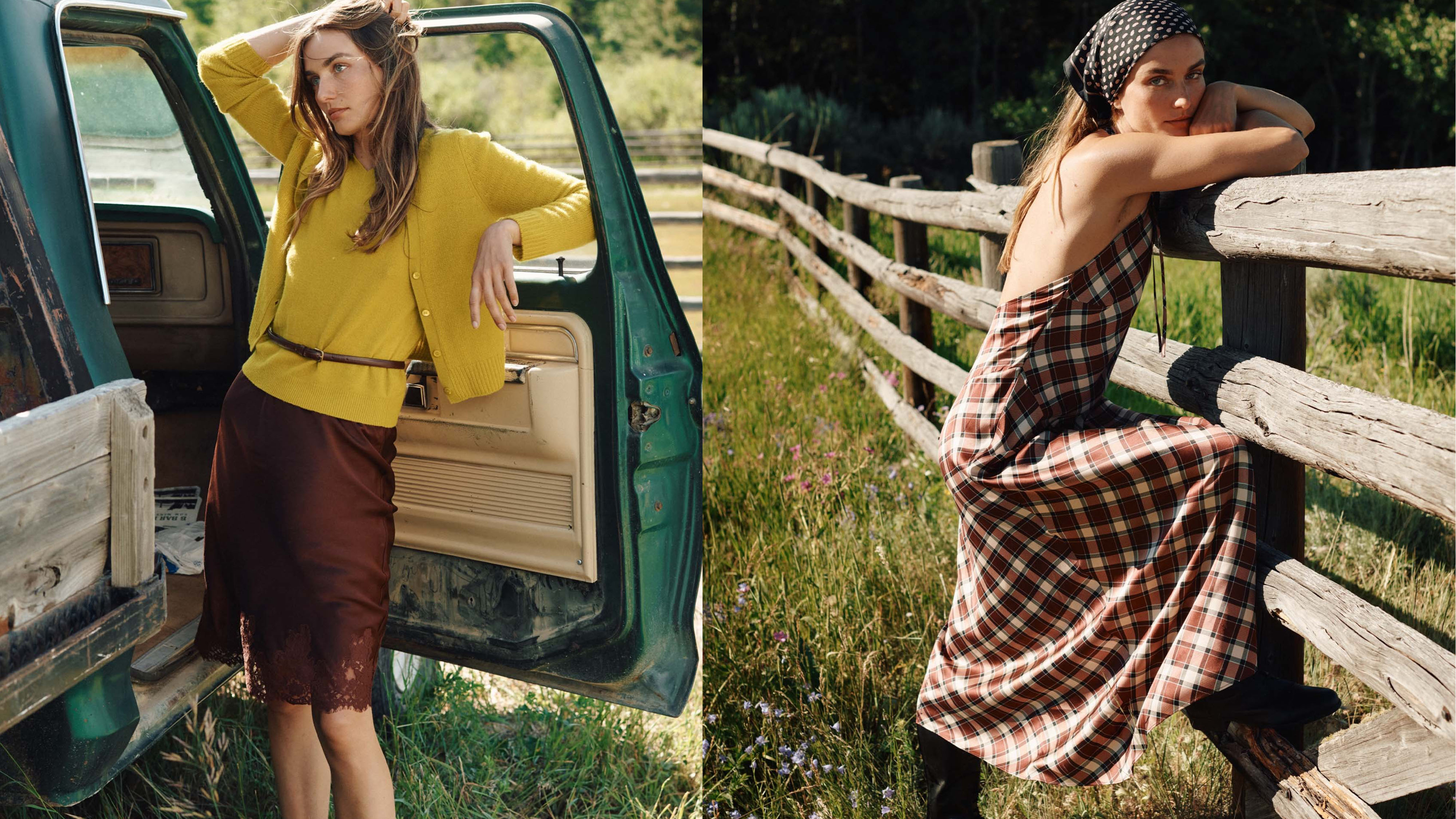Woman in knit top and silk skirt; woman in plaid dress
