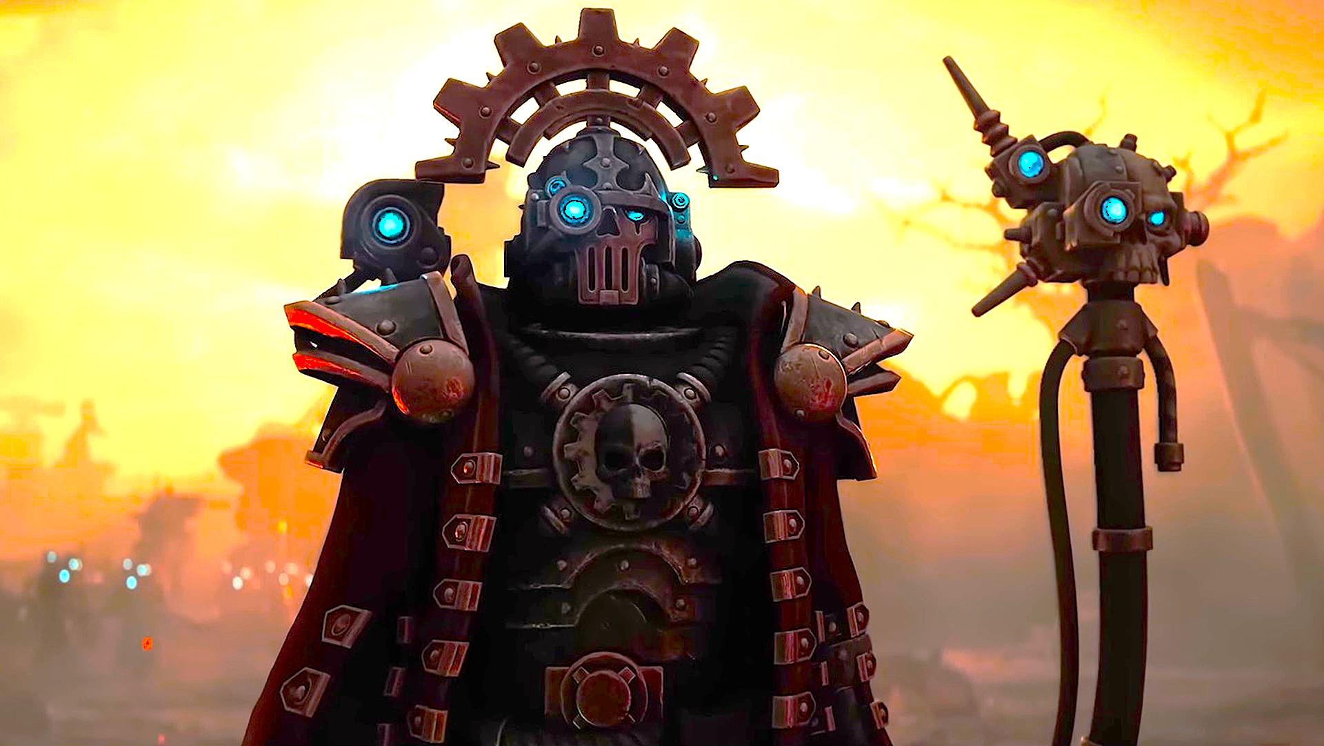 A dark, armored figure with a skull-like helmet and gear-shaped headpiece stands against a bright, hazy orange sunset, holding a mechanical staff.