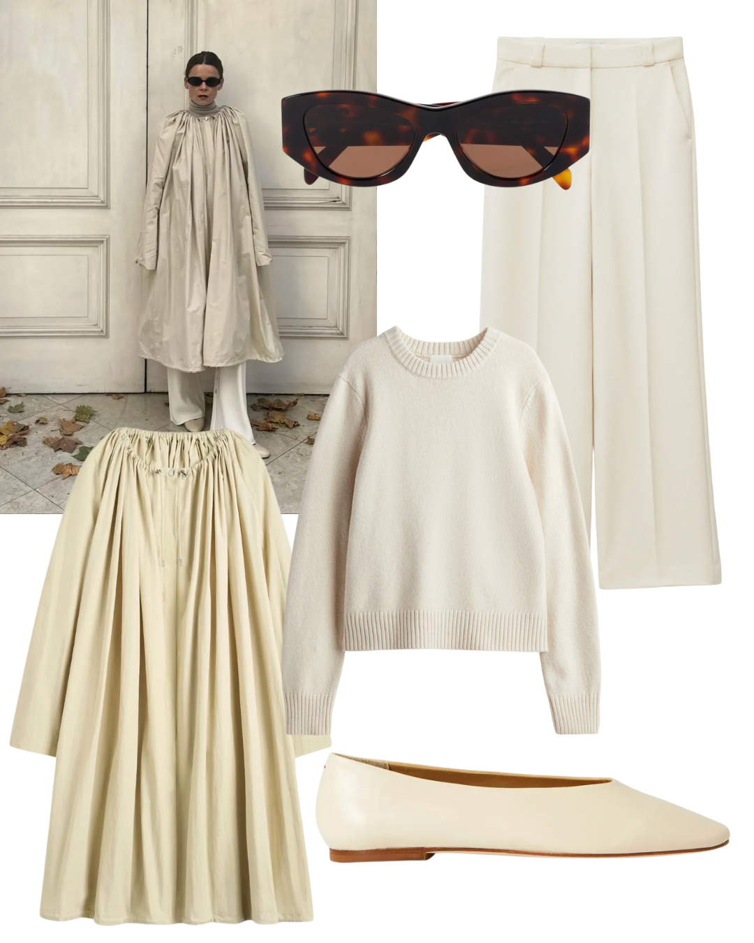@rikkekrefting wears cream toteme cape, cream trousers, sunglasses