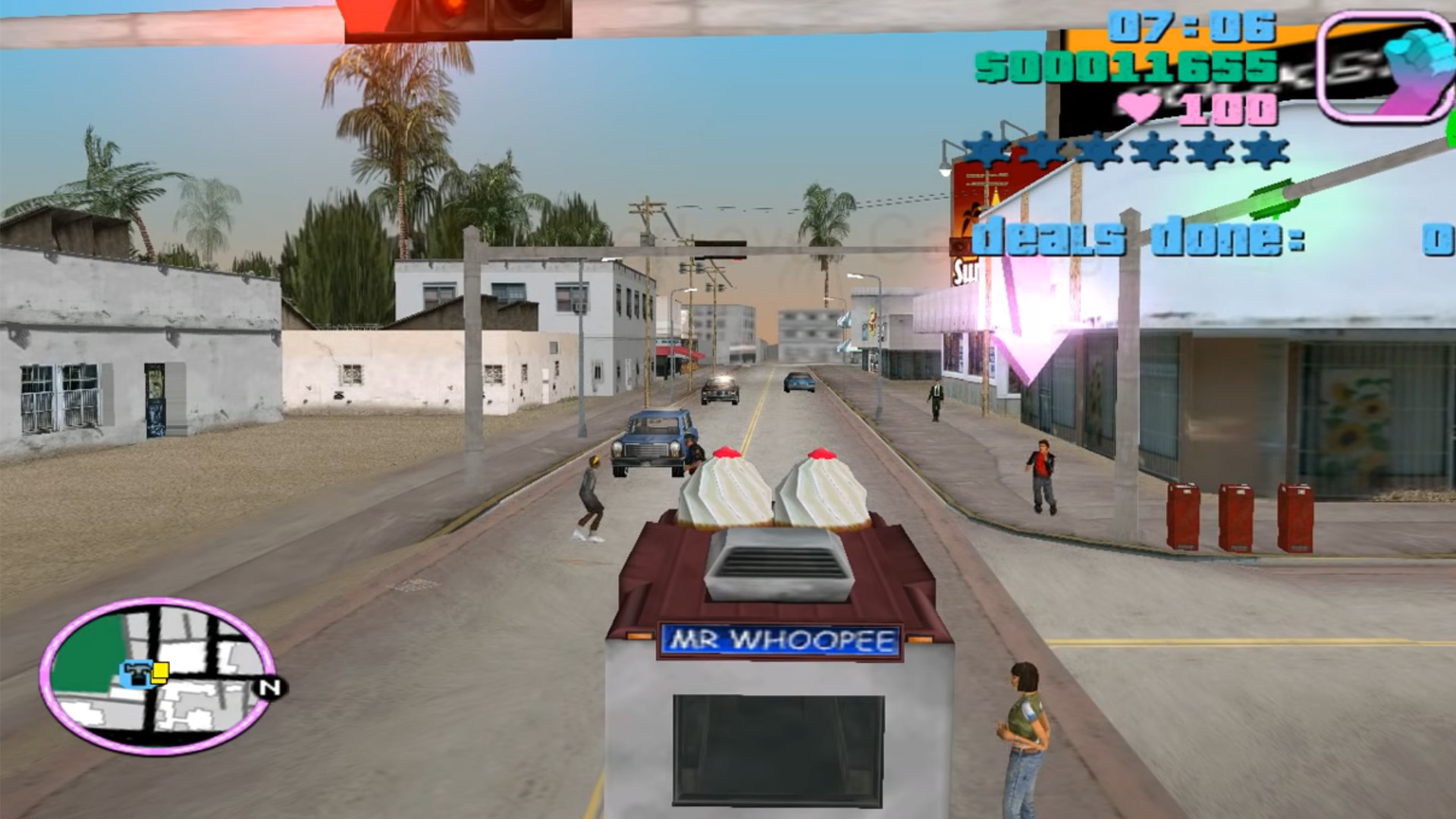 Driving a Mr Whoopee ice-cream van through the streets of GTA Vice City