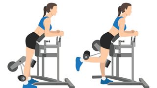 Vector woman performing hamstring curl using machine