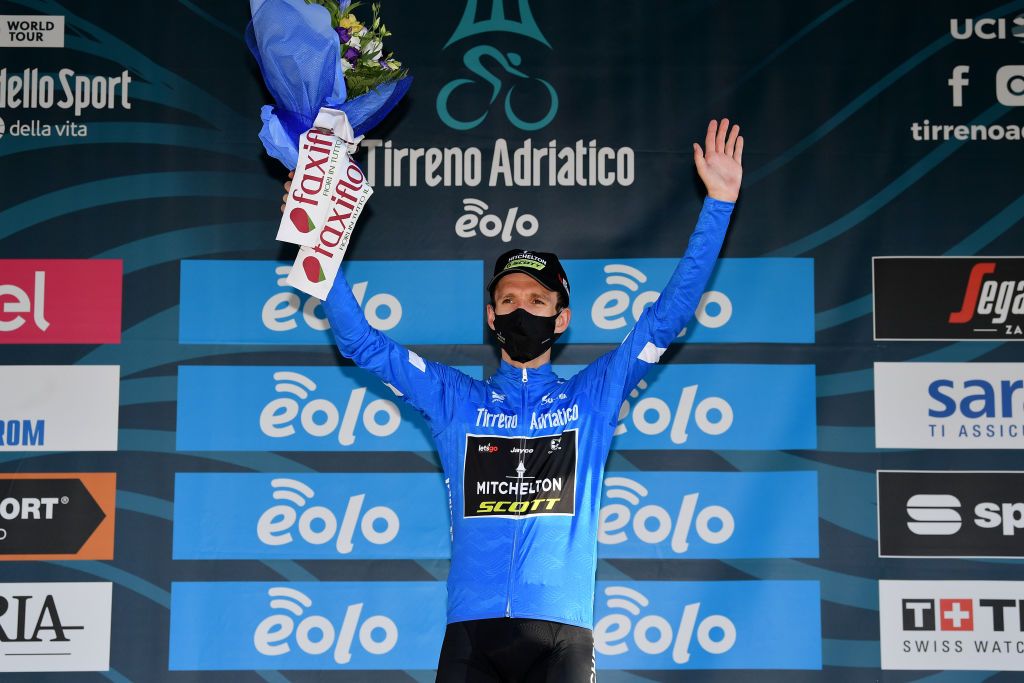 LORETO ITALY SEPTEMBER 13 Podium Simon Yates of The United Kingdom and Team MitcheltonScott Blue Leader Jersey Celebration Flowers during the 55th TirrenoAdriatico 2020 Stage 7 a 181km stage from Pieve Torina to Loreto 114m TirrenAdriatico on September 13 2020 in Loreto Italy Photo by Justin SetterfieldGetty Images