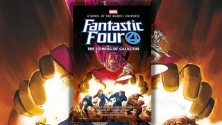 a giant cosmic god and a silver alien loom over a superhero team