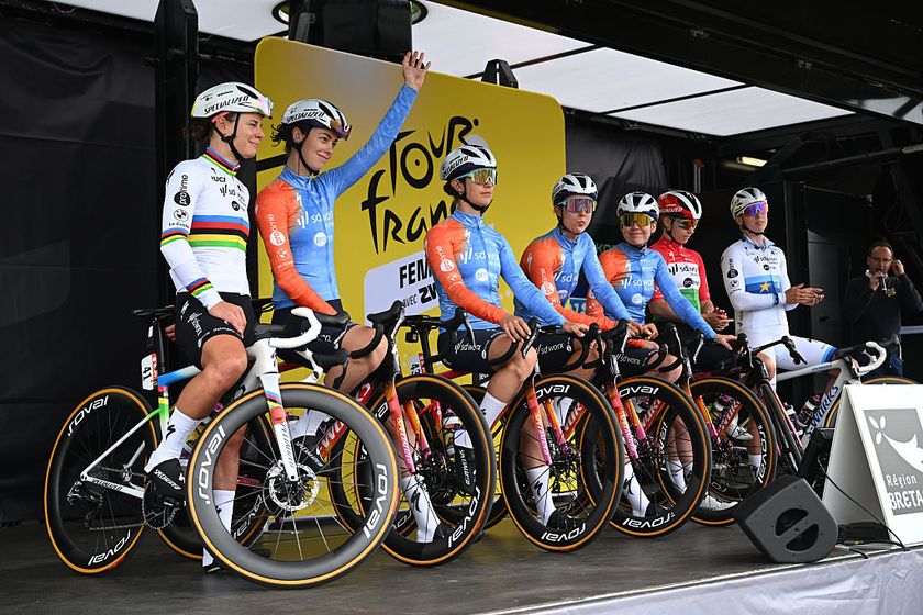 BREST, FRANCE - JULY 27: Lotte Kopecky of Belgium, Mischa Bredewold of Netherlands, Elena Cecchini of Italy, Femke Gerritse of Netherlands, Anna Van Der Breggen of Netherlands, Blanka Vas of Hungary, Lorena Wiebes of Netherlands and Team SD Worx - Protime prior to the 4th Tour de France Femmes 2025, Stage 2 a 110.4km stage from Brest to Quimper / #UCIWWT / on July 27, 2025 in Brest, France. (Photo by Szymon Gruchalski/Getty Images)