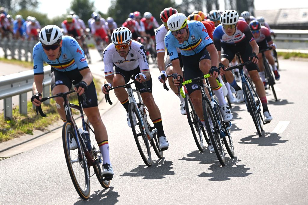 HASSELT BELGIUM SEPTEMBER 15 LR John Degenkolb of Team Germany and Laurenz Rex of Team Belgium compete during the 30th UEC Road Cycling European Championships 2024 Mens Elite Road Race a 2228km one day race from HeusdenZolder to Hasselt on September 15 2024 in Hasselt Belgium Photo by Luc ClaessenGetty Images
