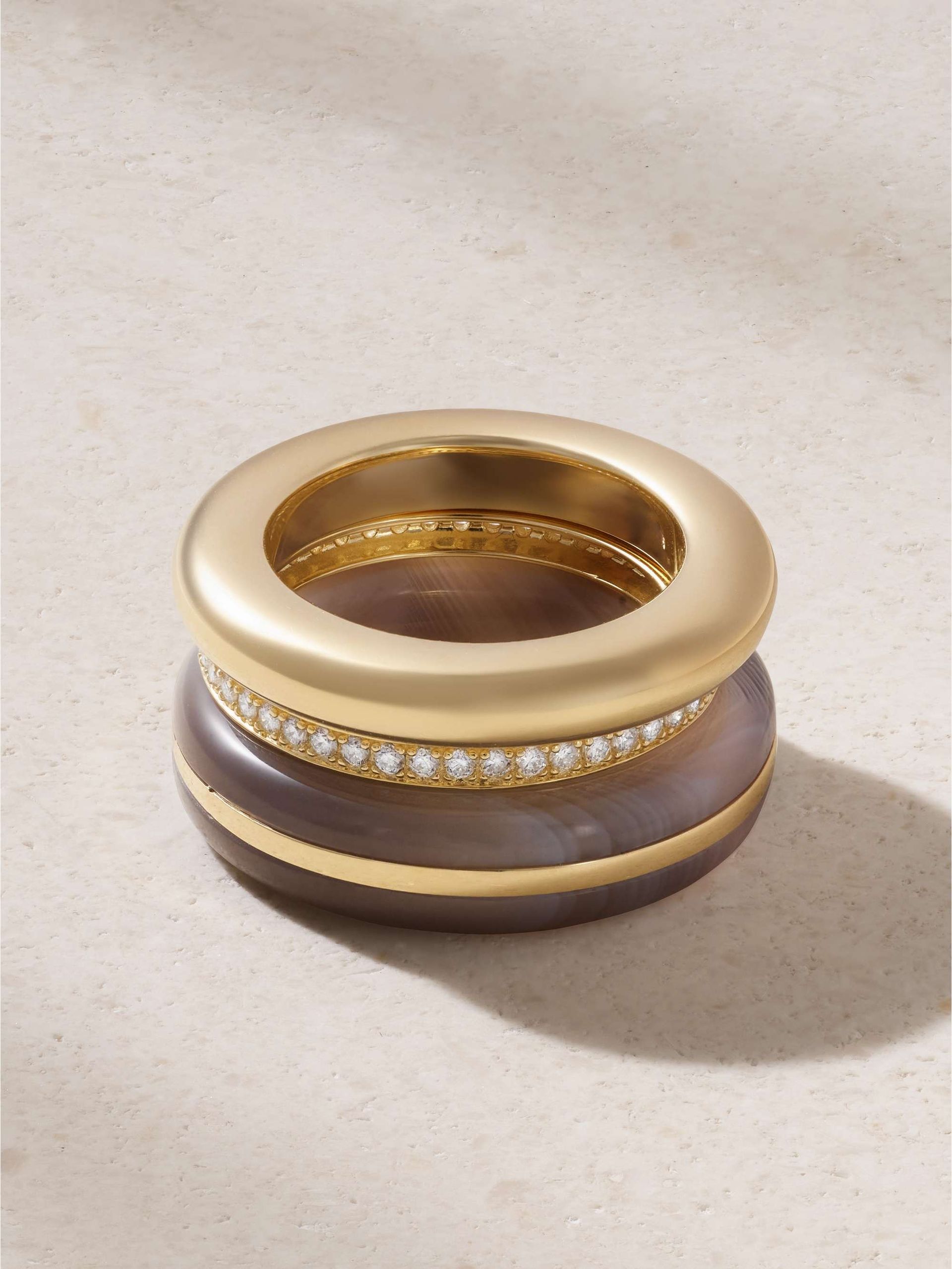 Classic Stack Set of Three 14-Karat Recycled Gold, Agate and Diamond Ring