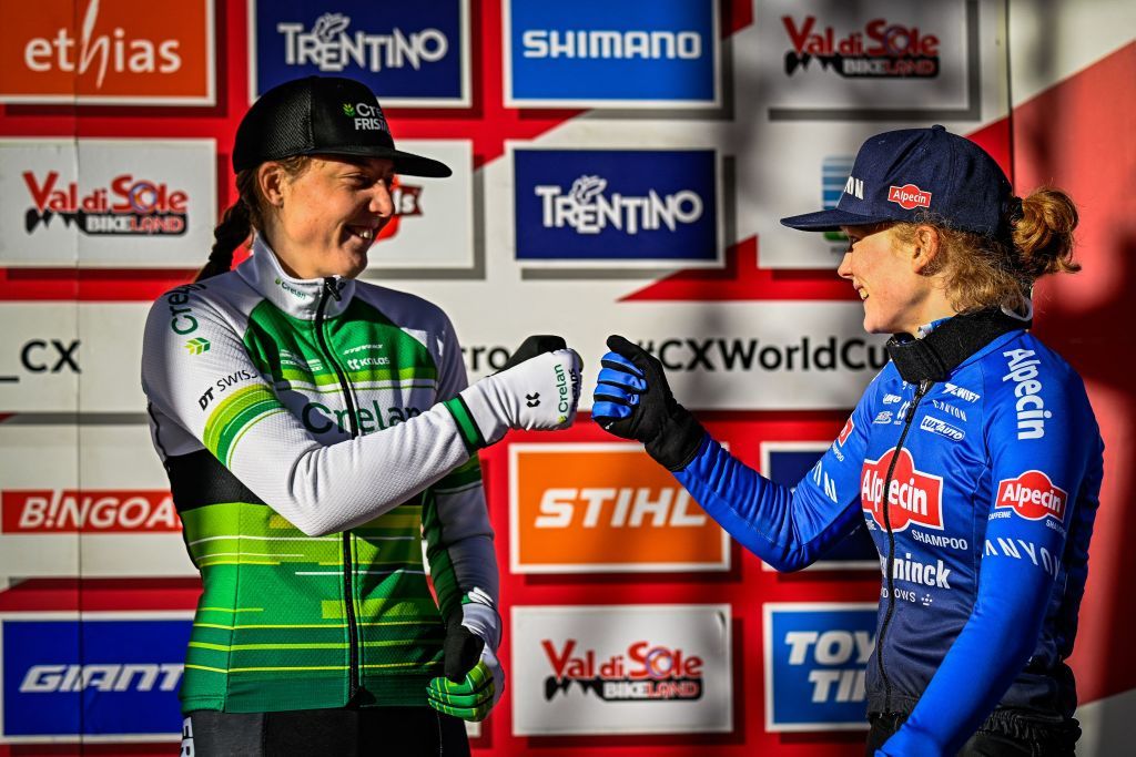 Dutch Manon Bakker and Dutch Puck Pieterse pictured on the podium after the womens elite race of the Cyclocross World Cup race in Val di Sole Italy Saturday 17 December 2022 stage ten out of 14 in the World Cup of the 20212022 seasonBELGA PHOTO JASPER JACOBS Photo by JASPER JACOBS BELGA MAG Belga via AFP Photo by JASPER JACOBSBELGA MAGAFP via Getty Images