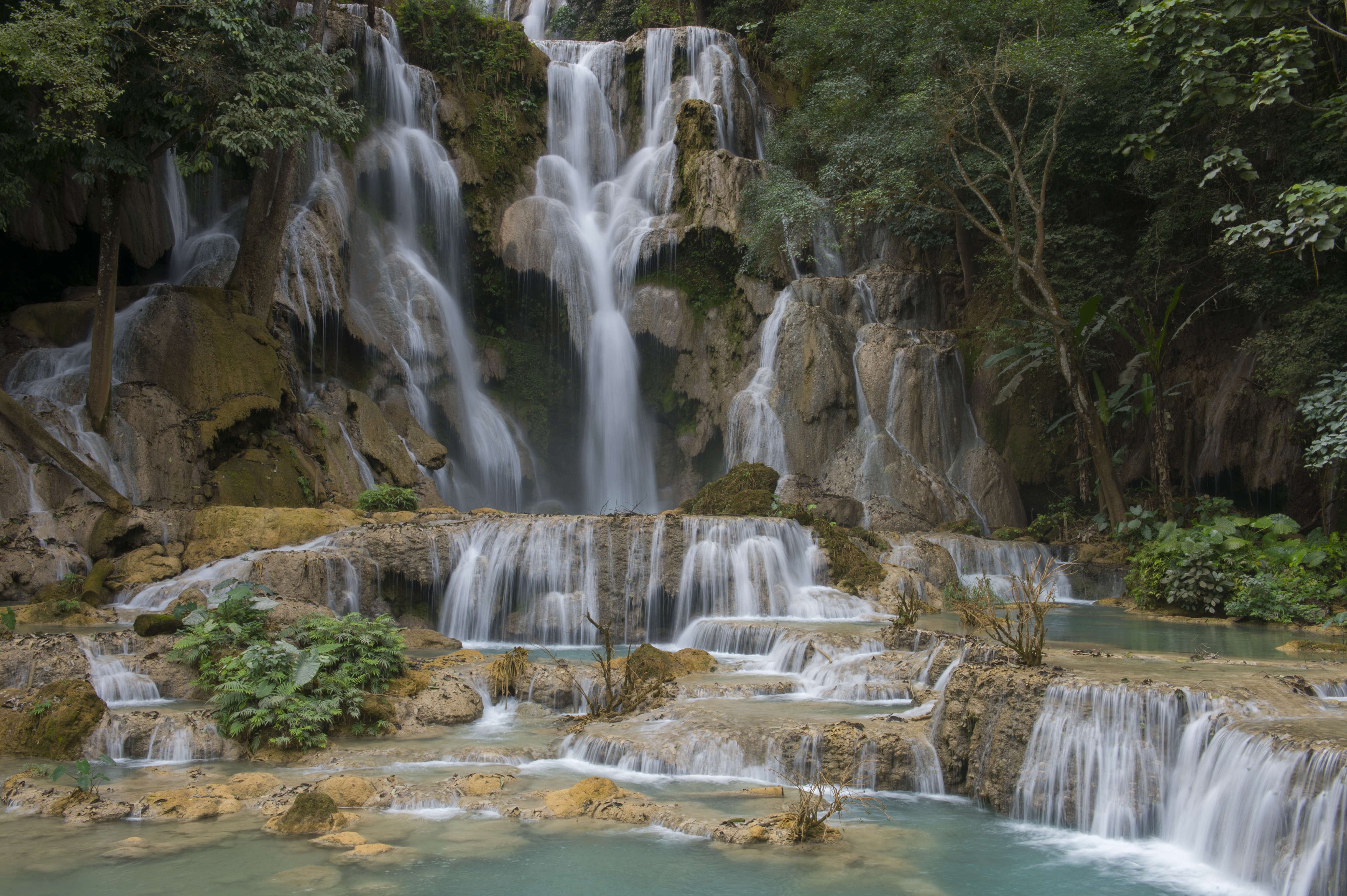 The view from the upper bridge at Kuang Si Falls in Laos