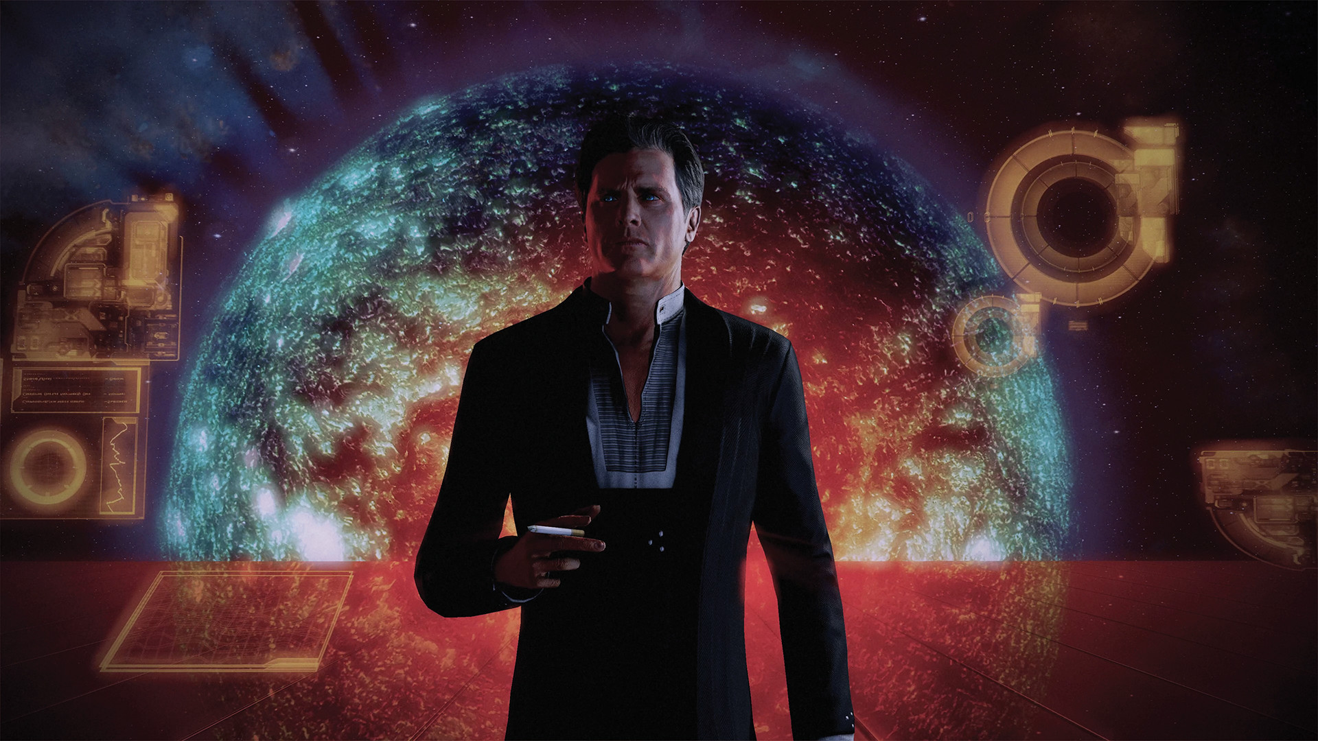 Mass Effect Legendary Edition screenshot of the Illusive Man standing with a cigarette in Mass Effect 2