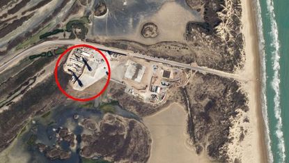 SpaceX's Starship SN9 and SN10 prototypes are seen from space in this image from a SkySat satellite.