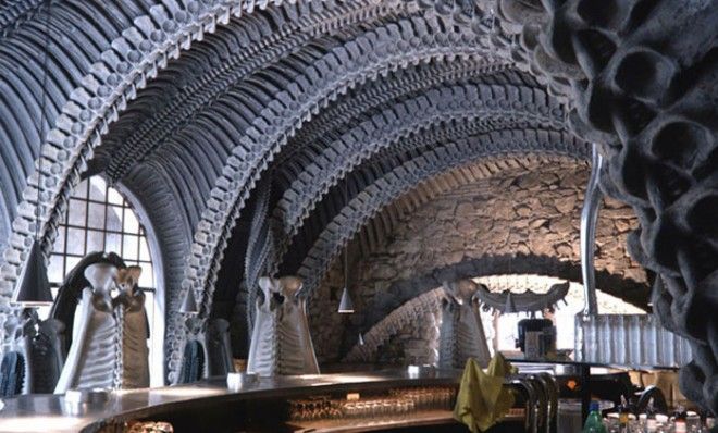 This creepy vertebrae covered bar was designed by H.R. Ginger who worked on all the visual Effects in Alien.