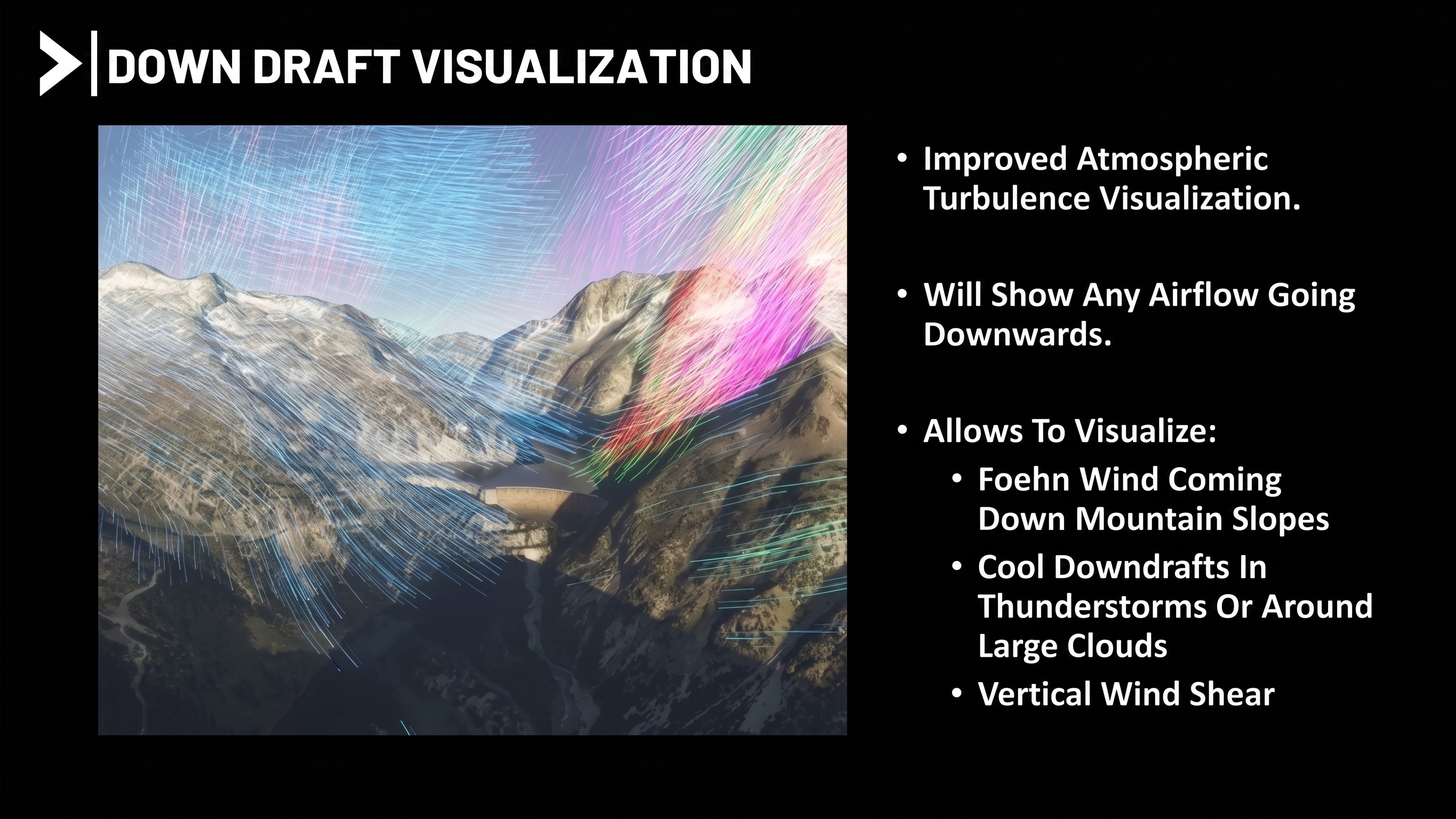 A slide from the Microsoft Flight Simulator 2024 presentation at FSExpo 2026 detailing the downdraft visualization in Sim Update 6.