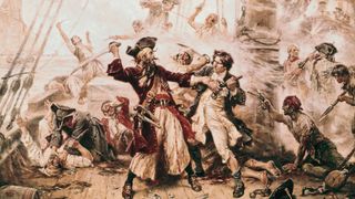 A painting of Blackbeard during his last battle in 1718 by Jean Leon Gerome Ferris.