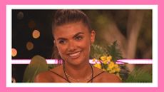 Love Island's Samie wearing a gold choker necklace, with her hair in a ponytail on winter Love Island 2023/ in a pink template