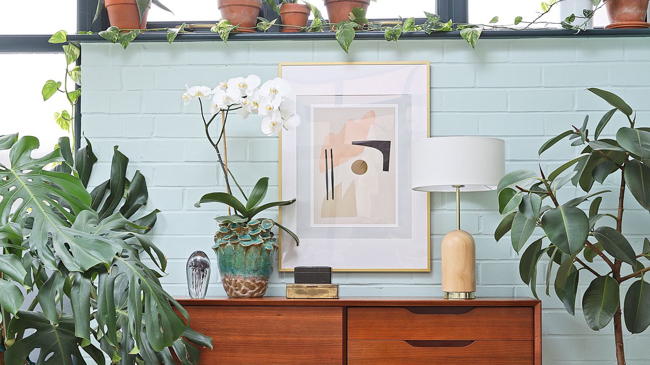 Mid-century room with painted brick wall, wooden sideboard and houseplants