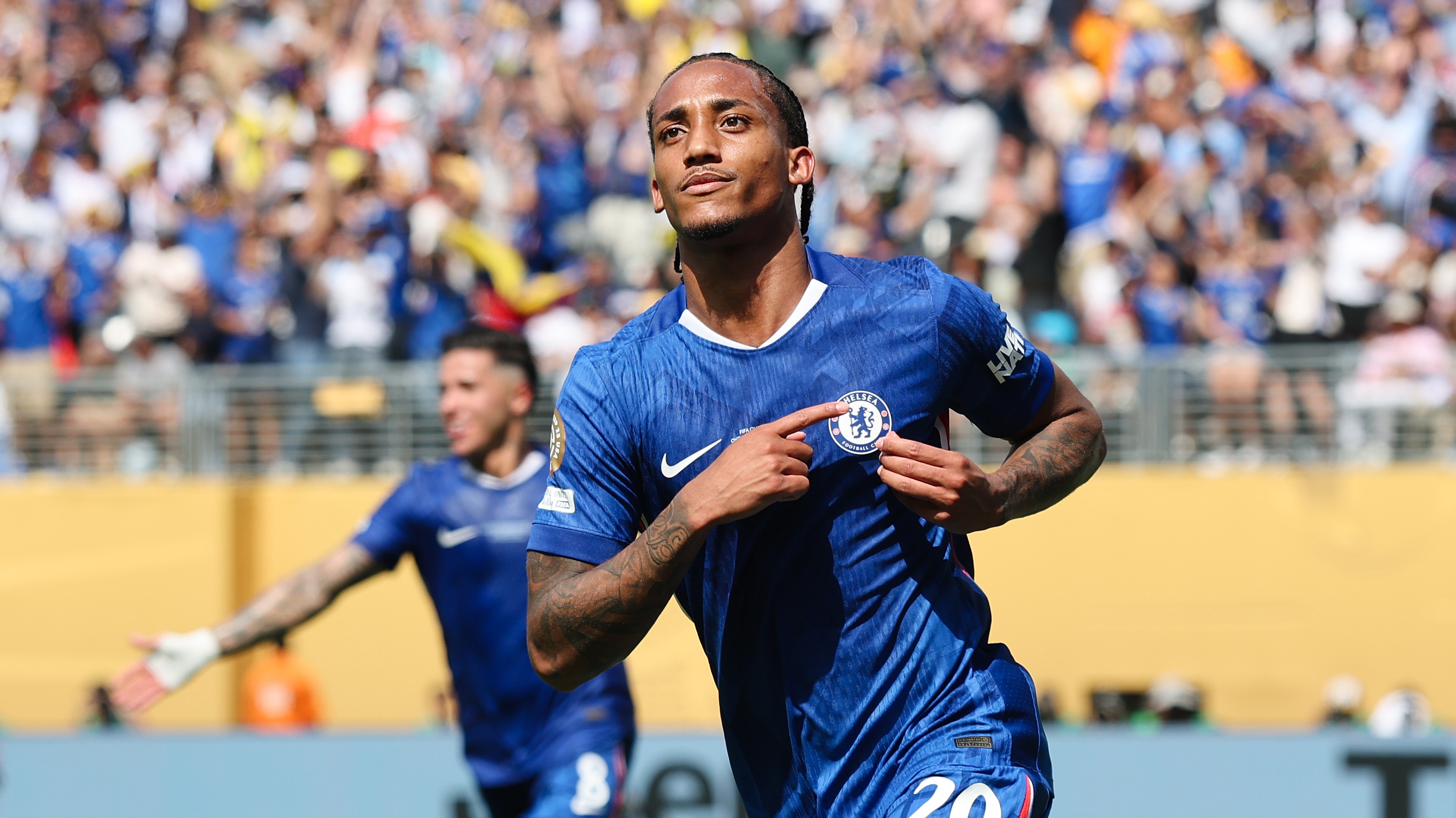 Joao Pedro of Chelsea FC celebrates scoring his team's third goal during the FIFA Club World Cup 2025 Final match between Chelsea FC and Paris Saint-Germain at MetLife Stadium on July 13, 2025 in East Rutherford, New Jersey.