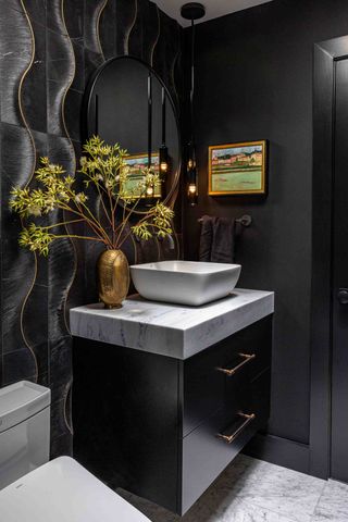 A small black bathroom with a wall effect