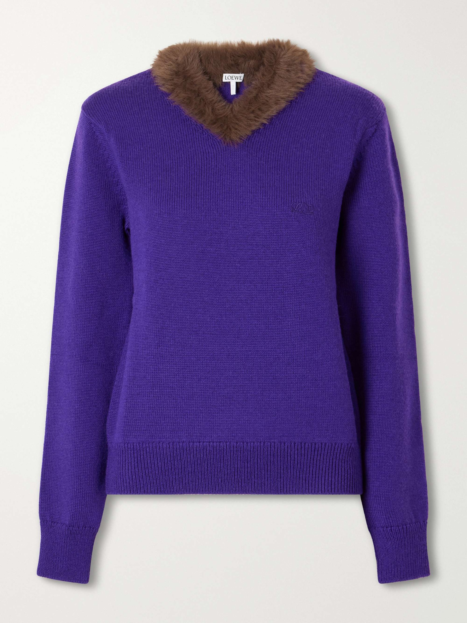 Plush-Trimmed Ribbed Wool Sweater