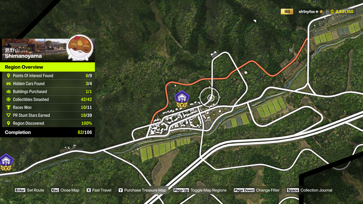 Map location for Shimanoyama Region Barn Finds in Forza Horizon 6.