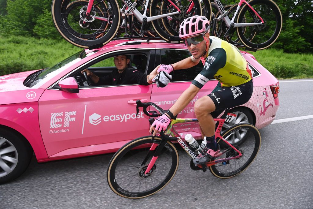 RIVOLI ITALY MAY 18 Alberto Bettiol of Italy and Team EF EducationEasyPost assisted by by his sportsdirector Tejay van Garderen of the United States during the 106th Giro dItalia 2023 Stage 12 a 185km stage from Bra to Rivoli UCIWT on May 18 2023 in Rivoli Italy Photo by Tim de WaeleGetty Images