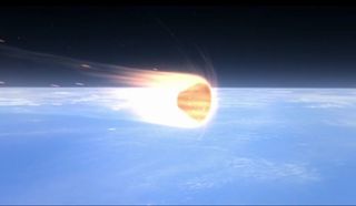 NASA's Orion space capsule streaks through Earth's atmosphere in this NASA animation still from a video depiction of the Exploration Flight Test 1. The unmanned test flight will send an unmanned Orion capsule plunging toward Earth at about 20,000 mph, ab
