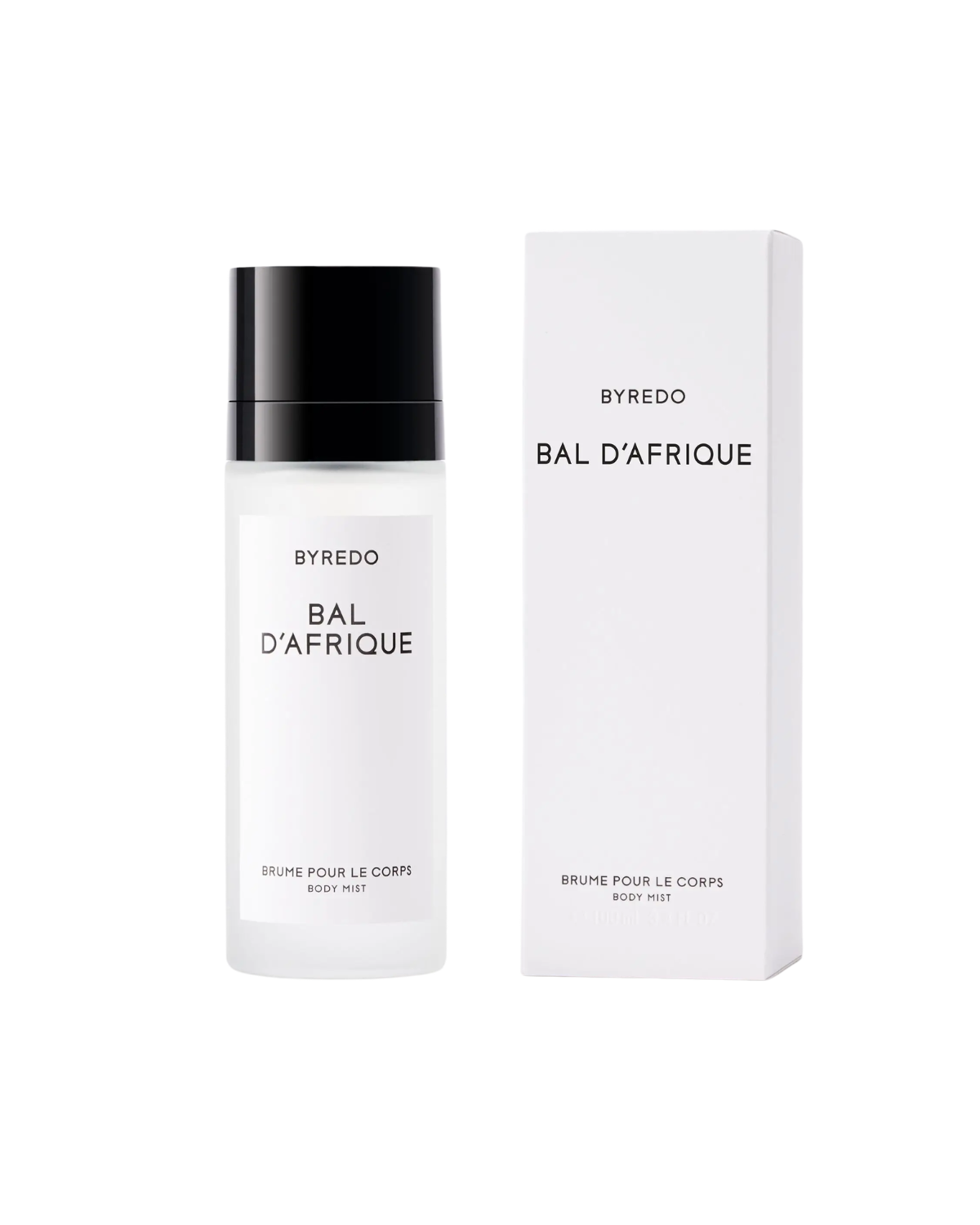 A bottle of Byredo's Bal D'Afrique body mist on a white background.