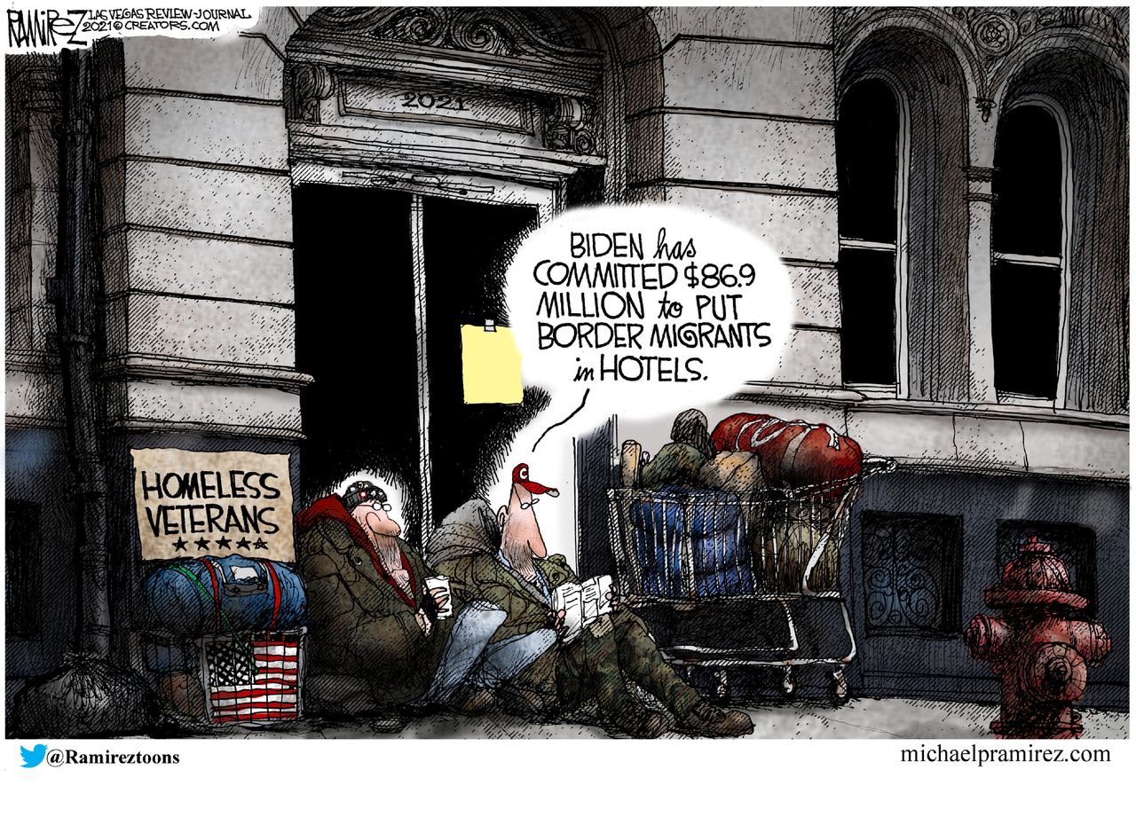 Political Cartoon U.S. biden homeless veterans border migrants