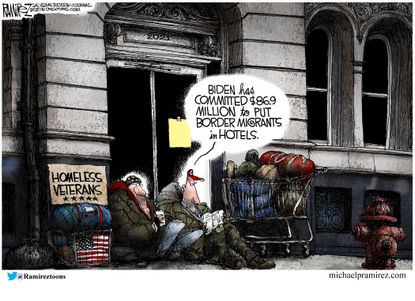 Political Cartoon U.S. biden homeless veterans border migrants