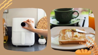 Comp image of an air fryer and piece of toast, used to illustrate woman&home's article on 'can you toast bread in an air fryer?'
